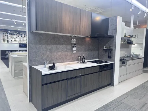 N2924【展示品/水通し有】タカラスタンダード 木製高級システムキッチン グレーシア/食洗機/レンジフード/キッチンボード/食器棚/130万