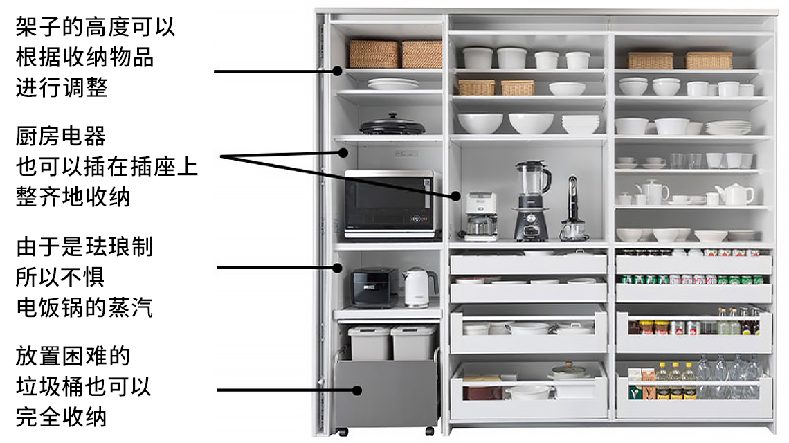 可以收纳家电、垃圾桶、储备品等，并且一目了然。※照片上的宽度为250cm。 滑动抽屉的底板是珐琅制。