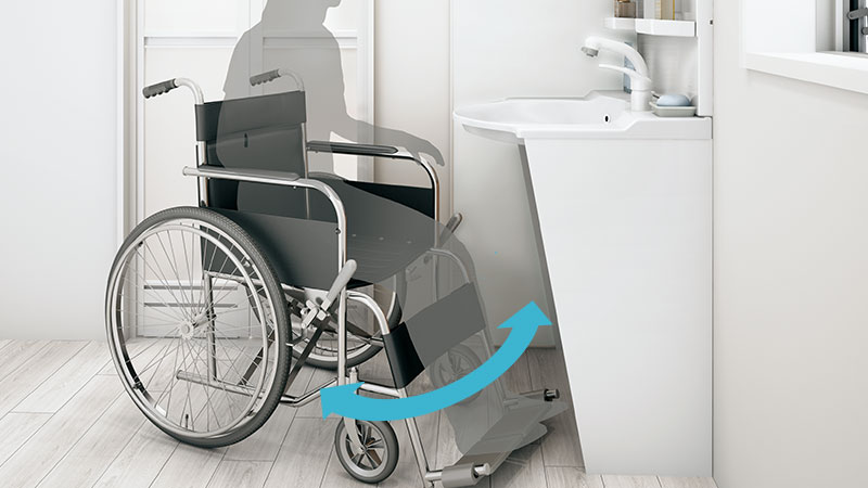 洗面台の側面は斜めにカットし、車椅子で回転時に引っ掛からないように配慮しています