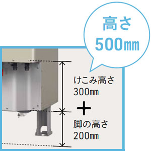 配管接続がしやすいけこみ＋脚の高さ500mmの外付け接続口