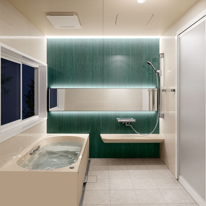 和の安らぎと自然の温もりが日本人の心を癒す。浴室パネルのグリーンが安らぎのアクセントに。