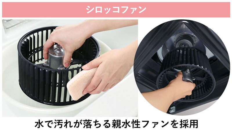 シロッコファンは、水で汚れが落ちる親水性ファンを採用しているので、水でジャブジャブ洗えます。