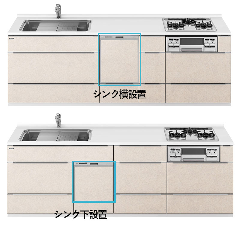 ニーズに合わせて食洗機の位置をシンク横とシンク下で選べます。
