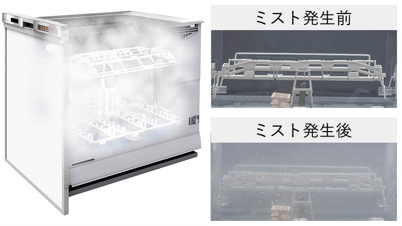 洗浄成分を含んだ大量のミスト＋間欠噴射によるつけ置き効果で、時間が経過したこびりつきや落ちにくい汚れも浮かせてはがします。