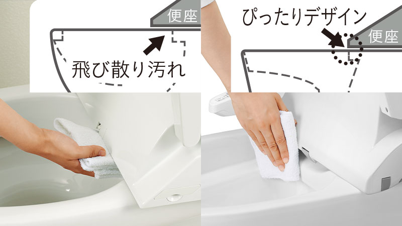 トイレ本体と便座裏の段差を抑えているので、お手入れカンタン。