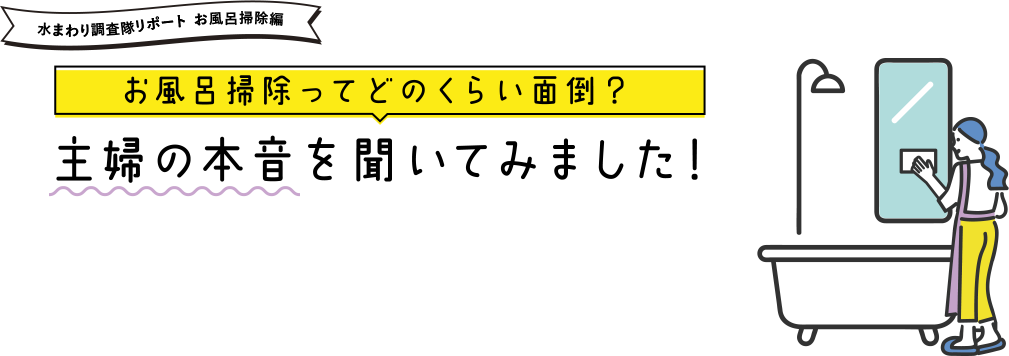 お風呂掃除ってどのくらい面倒？主婦の本音を聞いてみました！タカラスタンダードでは、20～50代の既婚女性500名に「お風呂掃除」に関する悩みや意見をリサーチ。その結果、多くの方がキッチンやトイレ以上にお風呂掃除を面倒・大変だと感じている事実が見えてきました