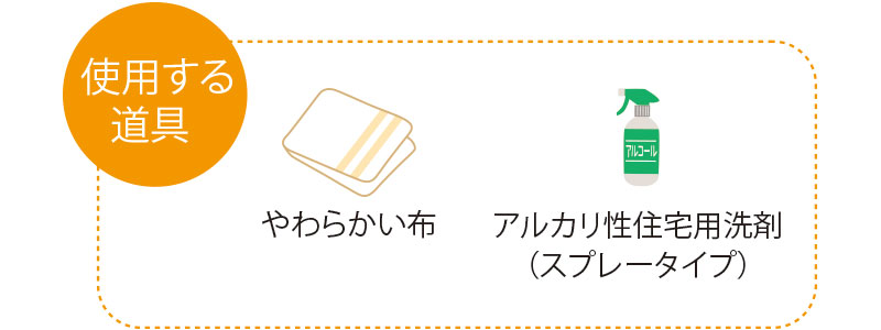 使用する道具　やわらかい布　アルカリ性住宅用洗剤（スプレータイプ）