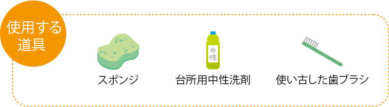 使用する道具　スポンジ　使い古した歯ブラシ　台所用中性洗剤