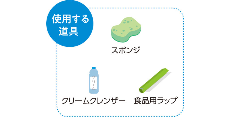 使用する道具　スポンジ　クリームクレンザー　食品用ラップ