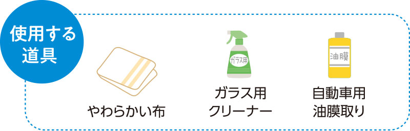 使用する道具　やわらかい布　ガラス用クリーナー　自動車用油膜取り