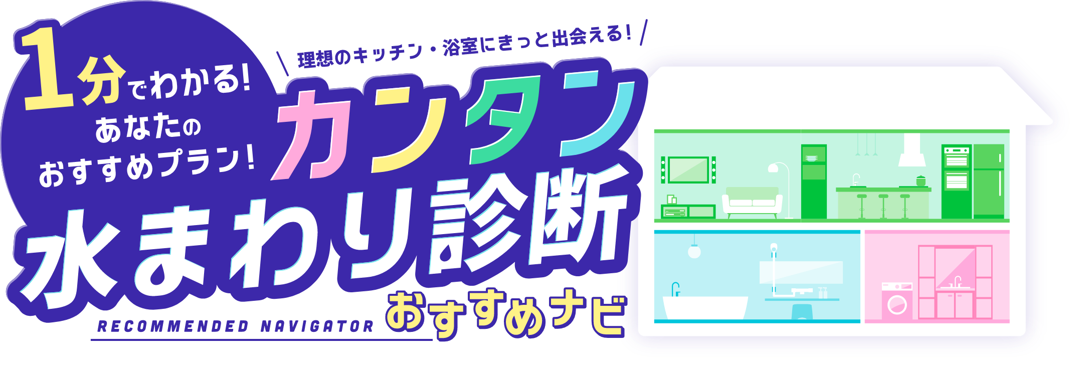 1分でわかる！あなたのおすすめプラン！ 理想のキッチン・浴室にきっと出会える！ カンタン水まわり診断おすすめナビ　RECOMMENDED NAVIGATOR
