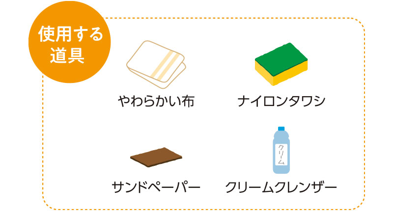 使用する道具 やわらかい布 ナイロンタワシ サンドペーパー クリームクレンザー